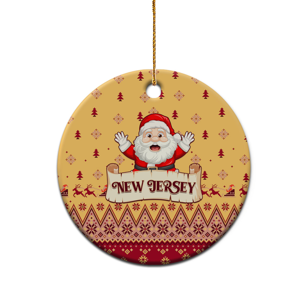 Yellow round ceramic Christmas ornament with Santa and "NEW JERSEY" text, hanging