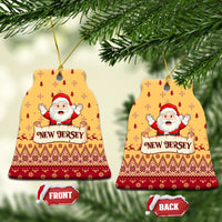 Yellow bell-shaped ceramic Christmas ornaments with Santa and "NEW JERSEY" text, front/back
