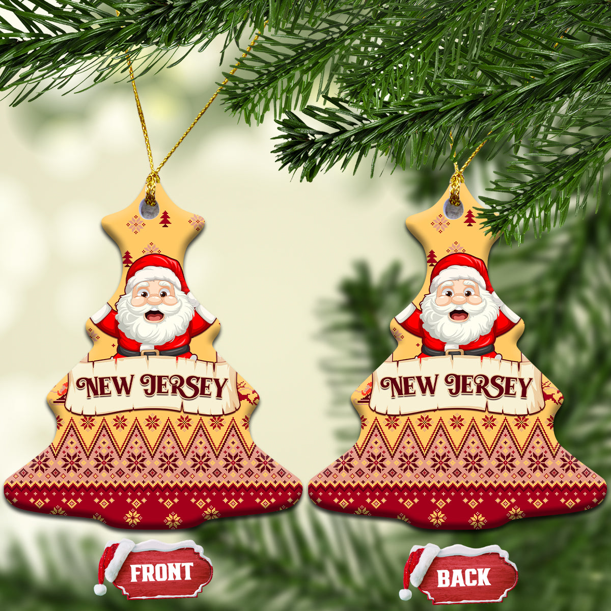 Yellow bell-shaped ceramic Christmas ornaments with Santa and "NEW JERSEY" text on tree