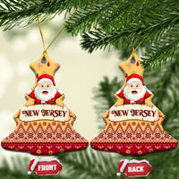 Yellow bell-shaped ceramic Christmas ornaments with Santa and "NEW JERSEY" text on tree