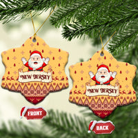 Yellow heart-shaped ceramic Christmas ornaments with Santa and "NEW JERSEY" text, hanging