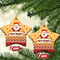 Yellow star-shaped ceramic Christmas ornaments with Santa and "NEW JERSEY" text, hanging