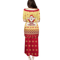 Christmas tunic and long skirt set, yellow top with Santa graphic and red patterned skirt