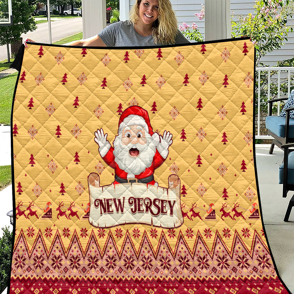 Yellow Christmas quilt with Santa, pine trees, and “New Jersey” text in red and white