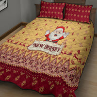 Santa Claus Christmas quilt set on bed: beige quilt with red border, two red pillows