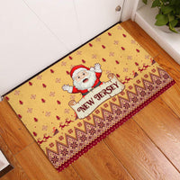 Yellow Christmas rubber doormat with Santa and New Jersey text, festive red pattern