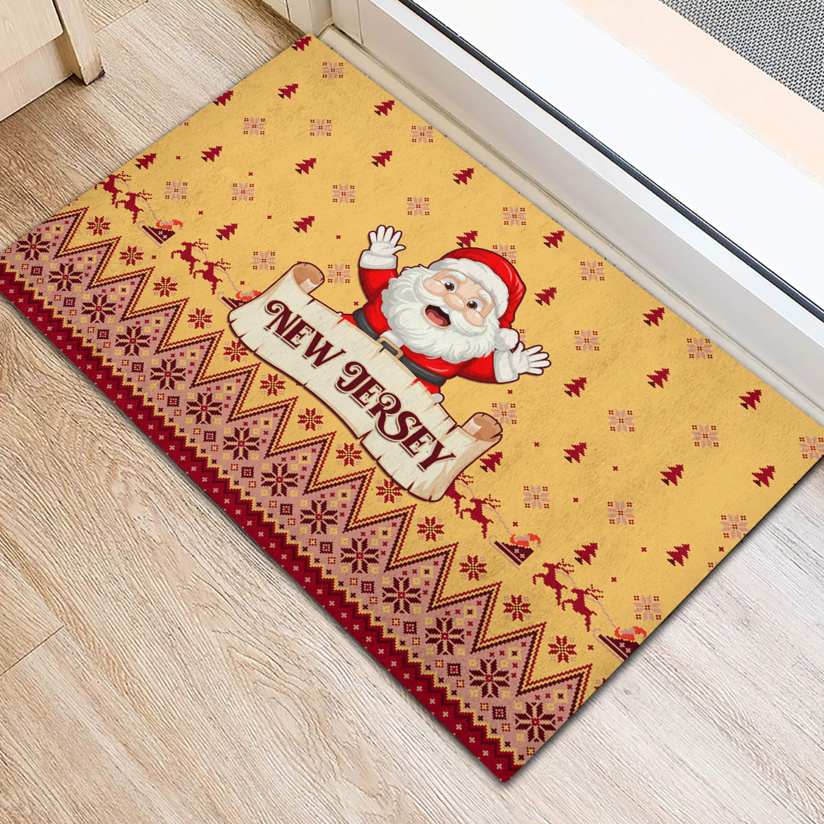 Yellow holiday doormat featuring Santa and 'New Jersey' logo with geometric red border