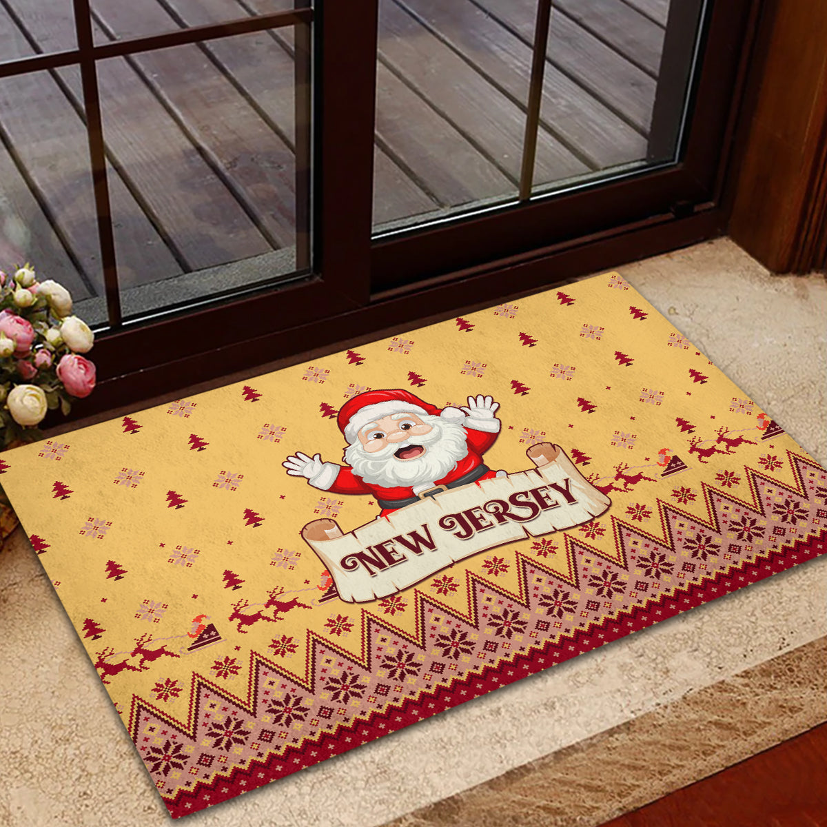Yellow Christmas doormat with Santa waving over 'New Jersey' banner, red trim