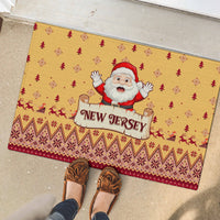 Yellow outdoor doormat with Santa and 'New Jersey' on red zigzag border, Christmas icons