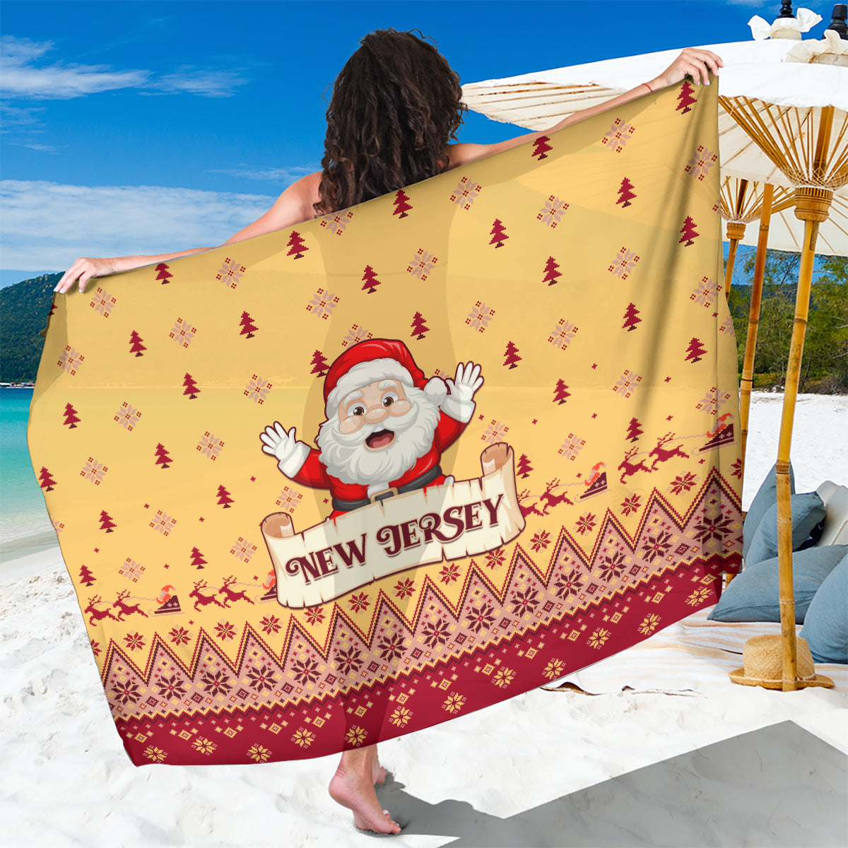 Yellow Christmas sarong with Santa and 'New Jersey' banner, red geometric border