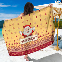 Yellow Christmas sarong with Santa and 'New Jersey' banner, red geometric border