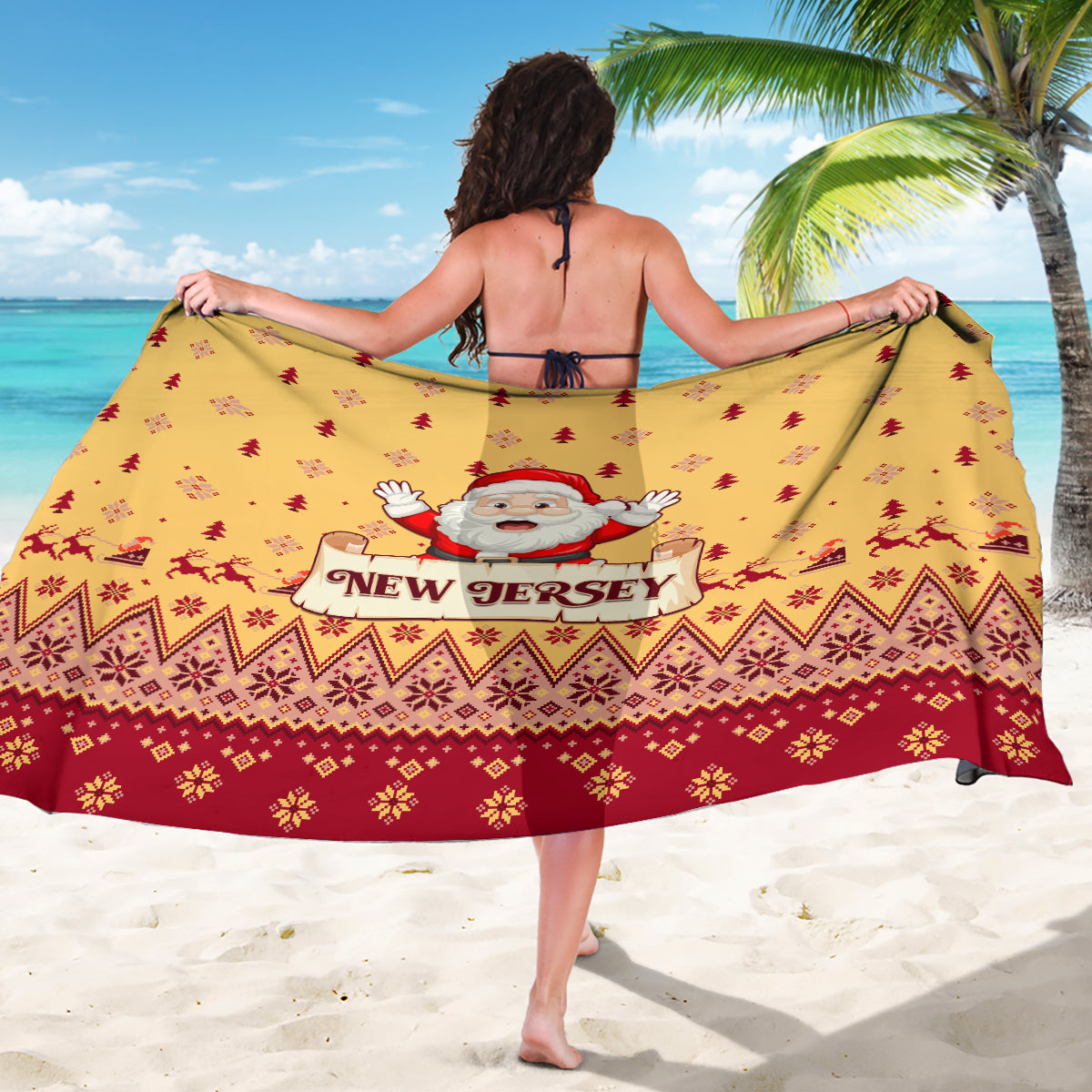 Yellow sarong with Santa face, 'New Jersey' text, red patterned trim
