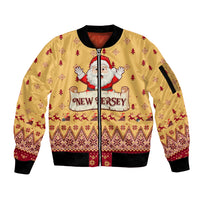 Unisex yellow zip bomber jacket with Santa print and New Jersey logo