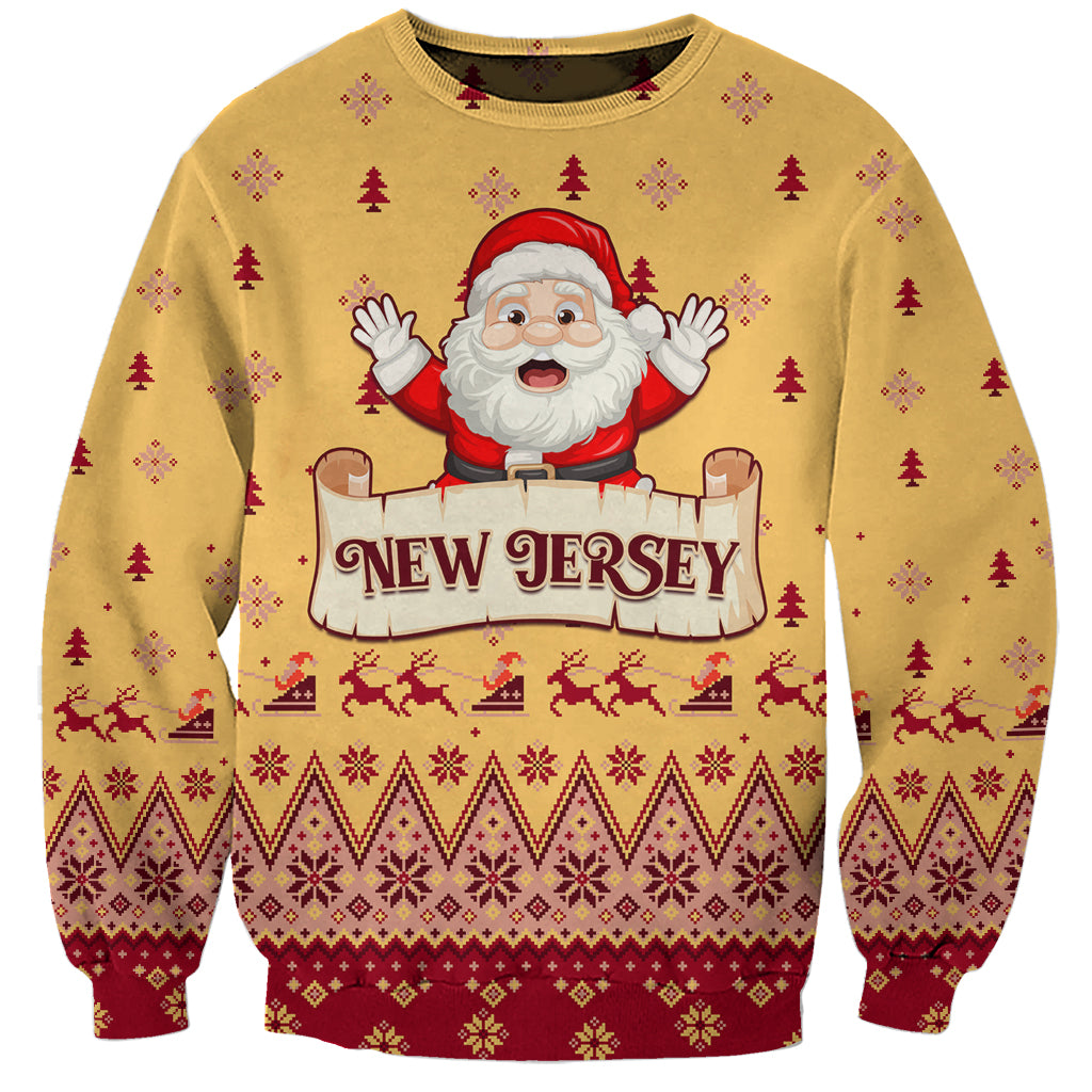 Unisex yellow Christmas sweatshirt with Santa, New Jersey sign, and festive pattern