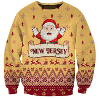 Unisex yellow Christmas sweatshirt with Santa, New Jersey sign, and festive pattern