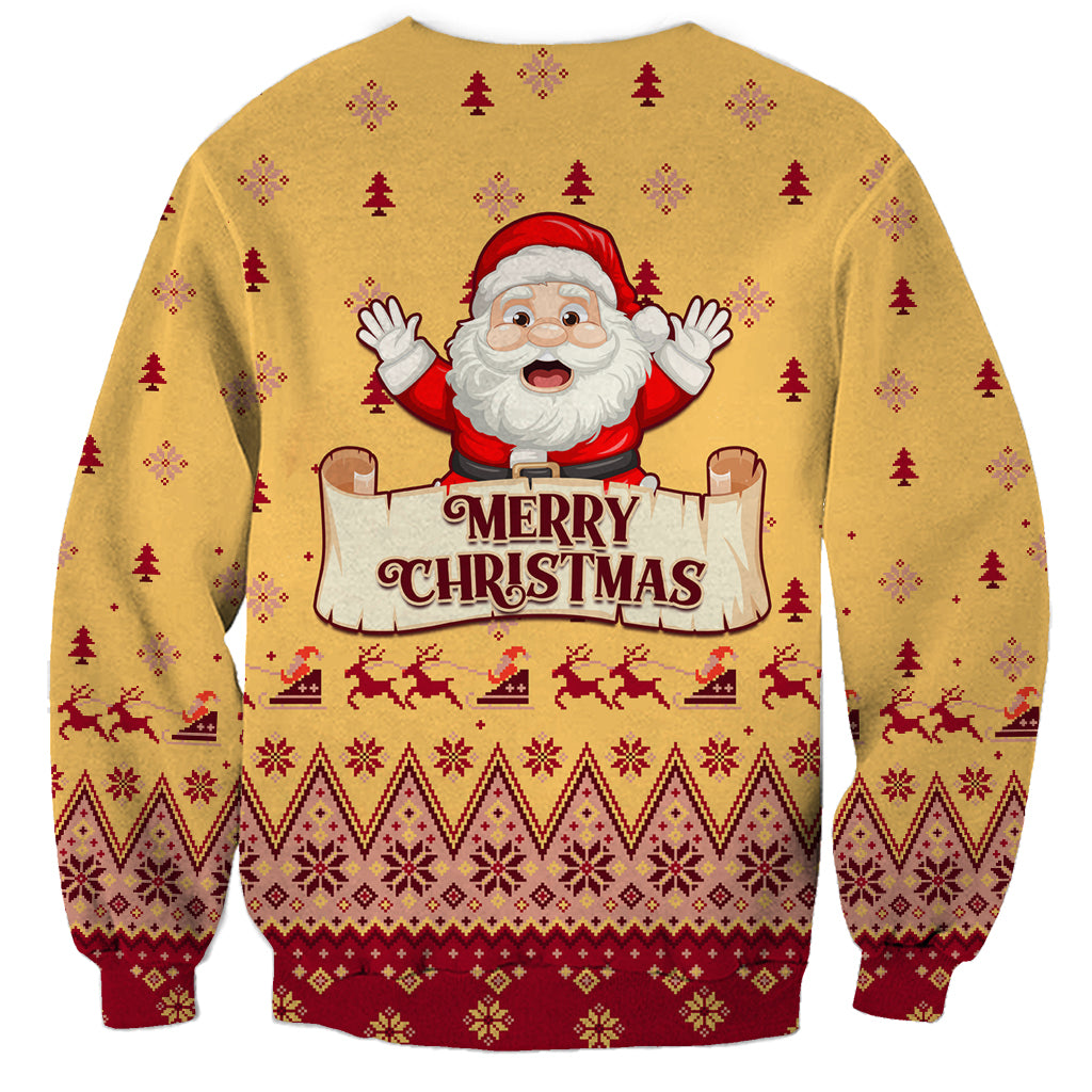 Unisex yellow Christmas sweatshirt with Santa and Merry Christmas sign, festive pattern