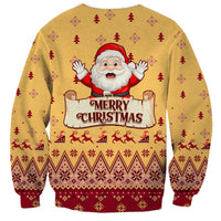 Unisex yellow Christmas sweatshirt with Santa and Merry Christmas sign, festive pattern