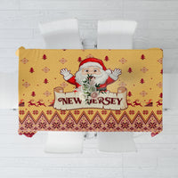 Christmas tablecloth with Santa and “NEW JERSEY” text on gold background, festive patterns