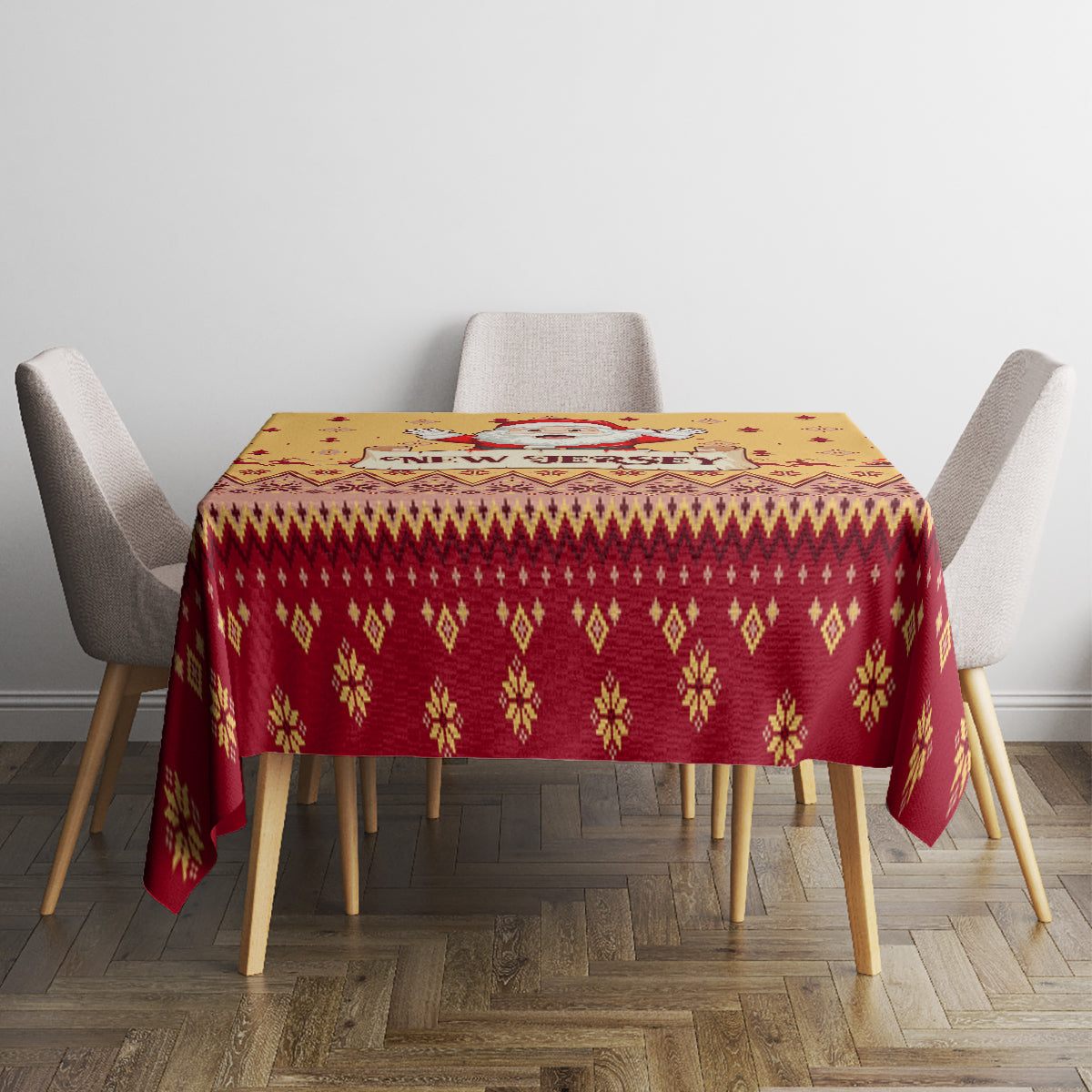 Christmas tablecloth on square table with gold center and red Nordic-style pattern