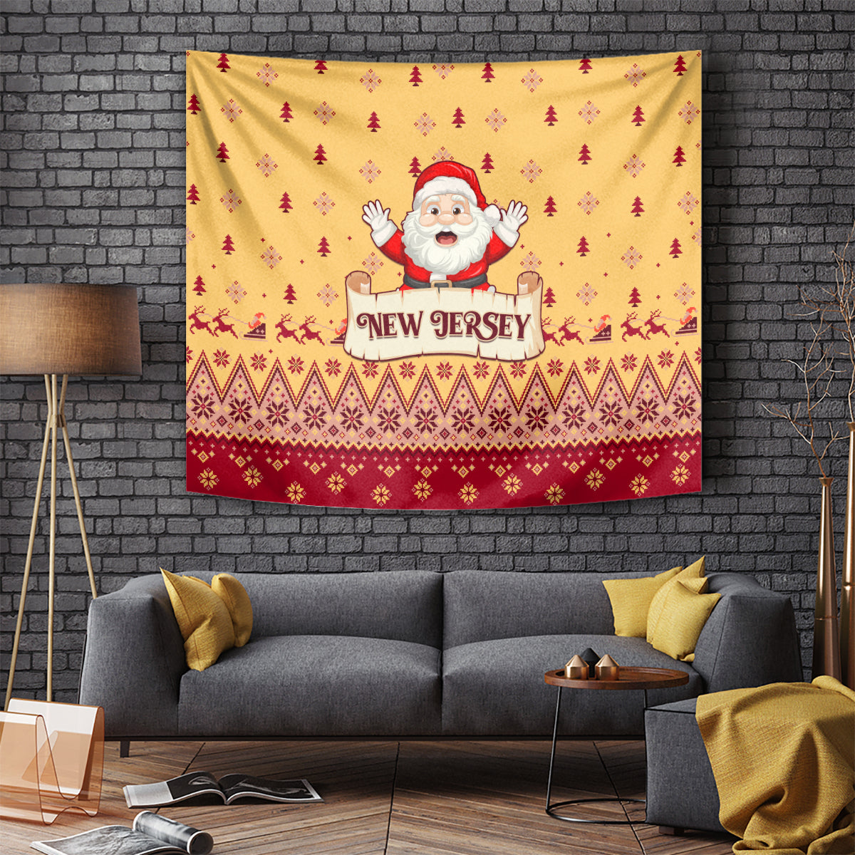 Christmas tapestry with yellow Santa pattern and red border featuring Santa and New Jersey