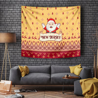 Christmas tapestry with yellow Santa pattern and red border featuring Santa and New Jersey
