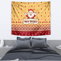 Wall hanging Christmas tapestry with Santa and New Jersey sign amid small tree and snowflake motifs