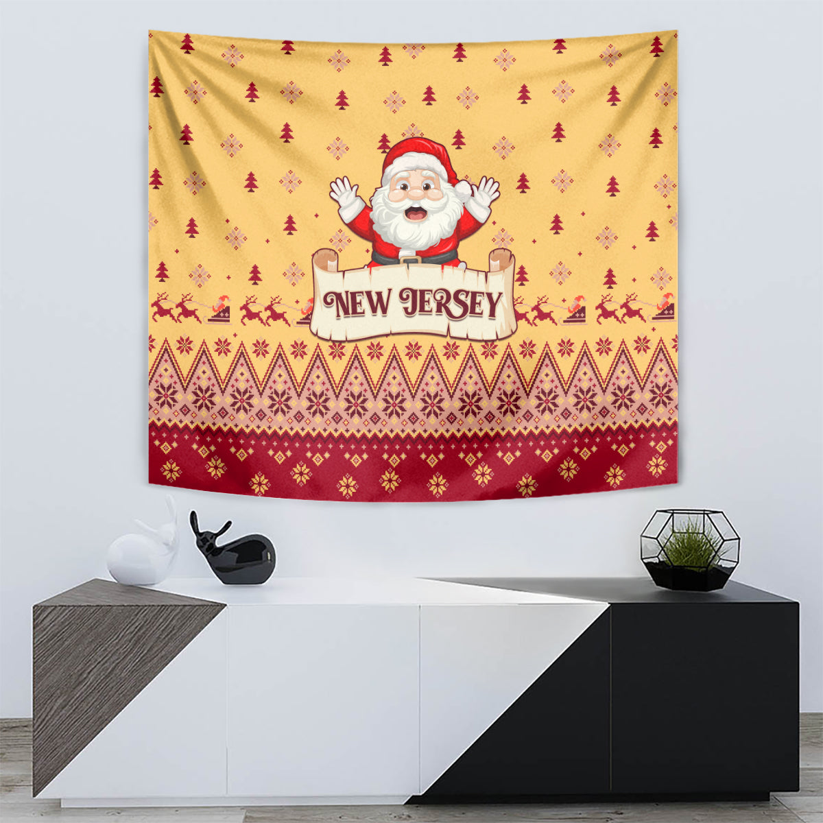 Decorative yellow Christmas tapestry with Santa and New Jersey emblem and festive holiday border