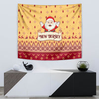 Decorative yellow Christmas tapestry with Santa and New Jersey emblem and festive holiday border