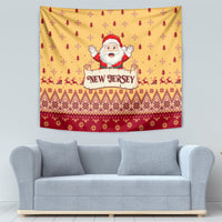 Christmas wall tapestry showing Santa with New Jersey name on yellow background and red festive trim