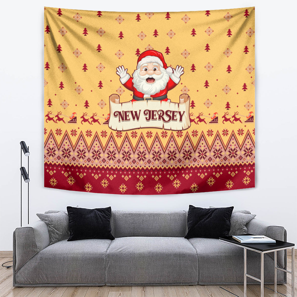 Yellow and red Christmas tapestry featuring Santa, New Jersey text, and patterned holiday trees
