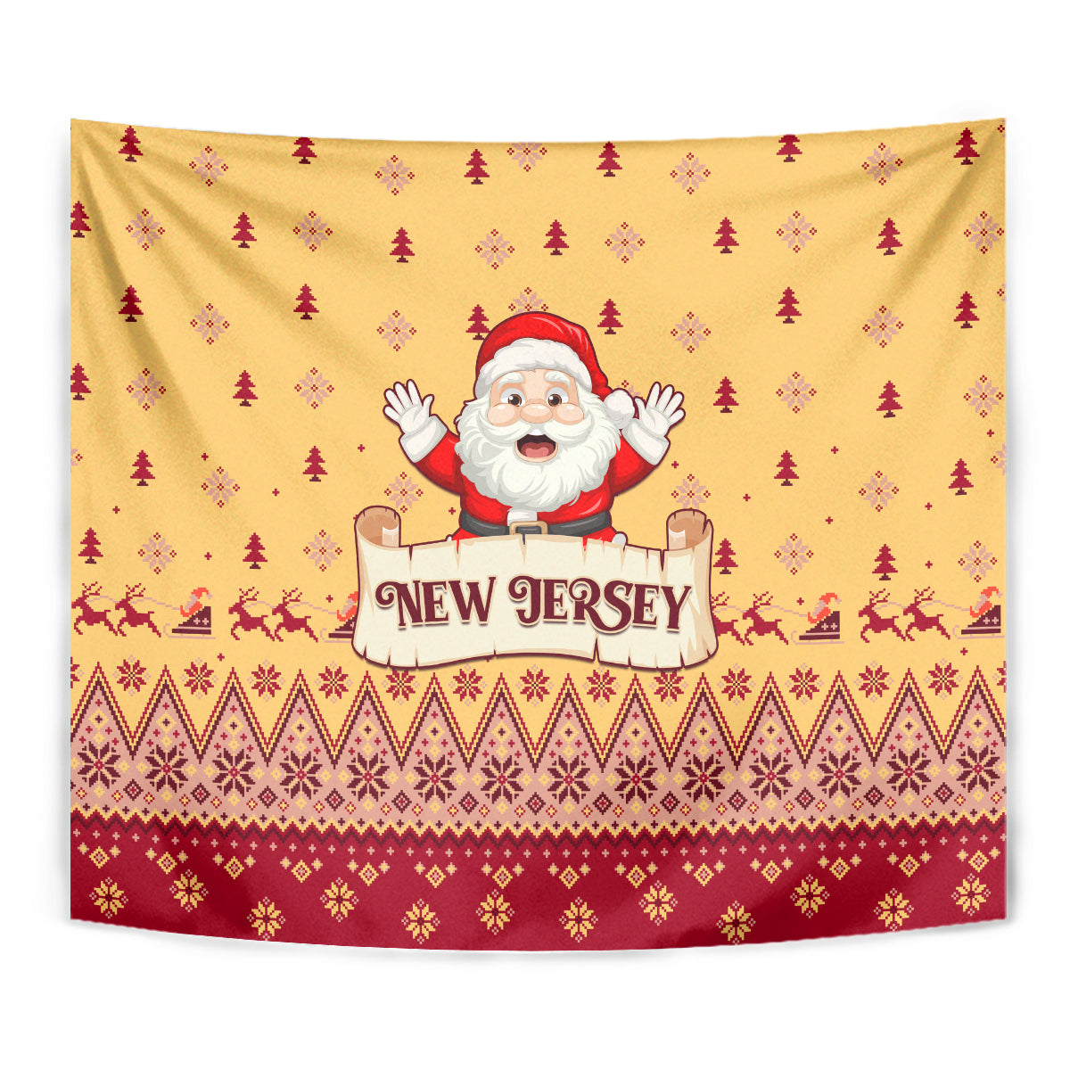 Close-up Christmas tapestry with Santa and New Jersey label, yellow top and red bottom border