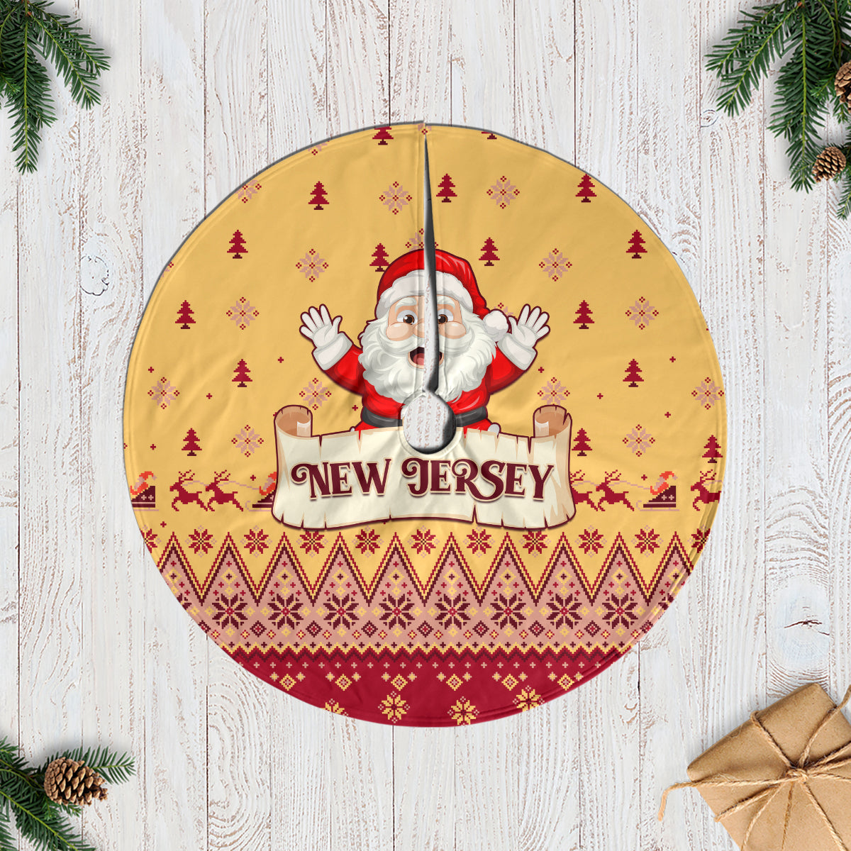 Yellow Christmas tree skirt with Santa and "New Jersey" graphic, circular pattern