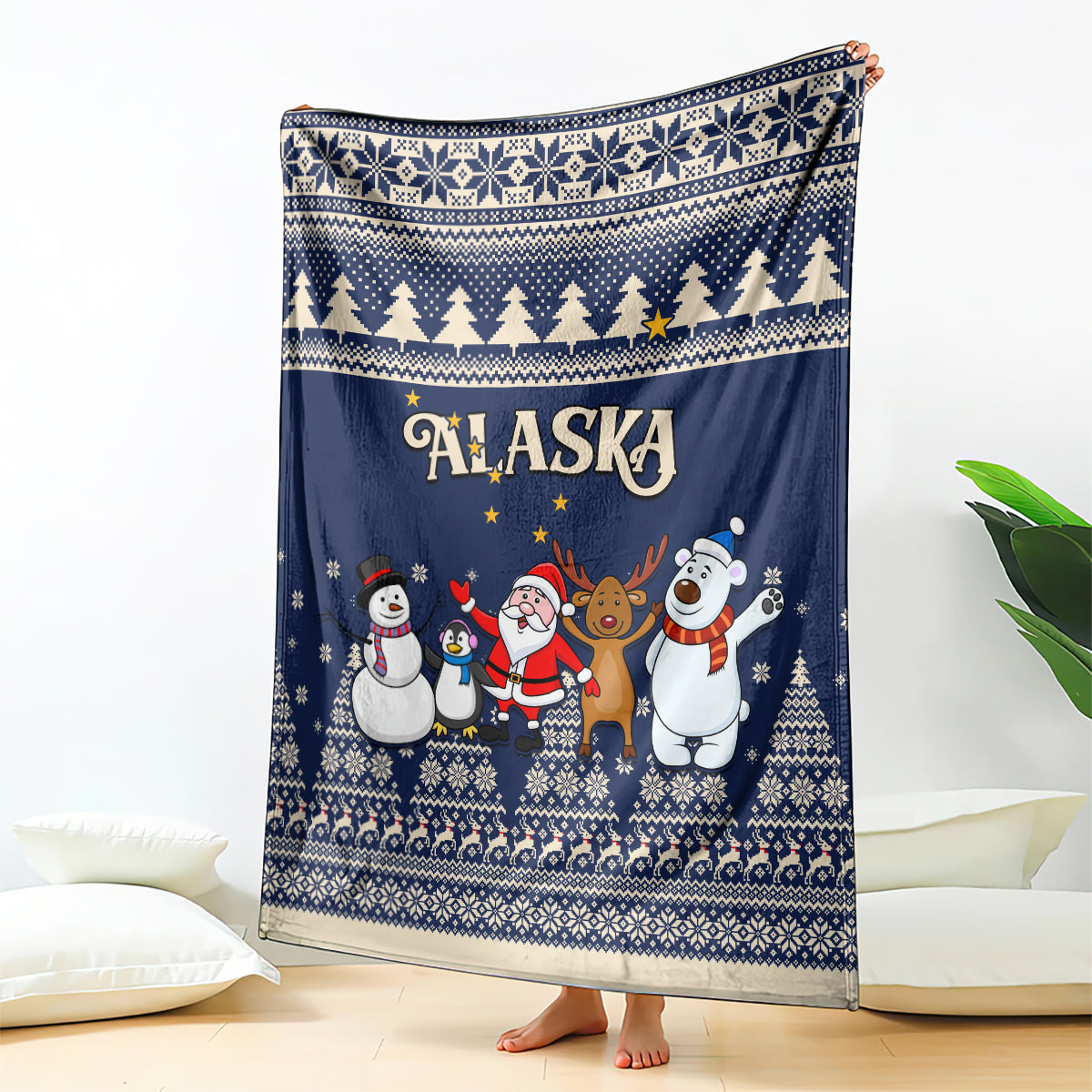 custom-alaska-christmas-blanket-santa-claus-with-snowman-reindeer-penguin