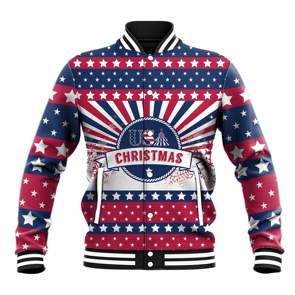 Unisex stars-and-stripes Christmas baseball jacket, front with US graphic