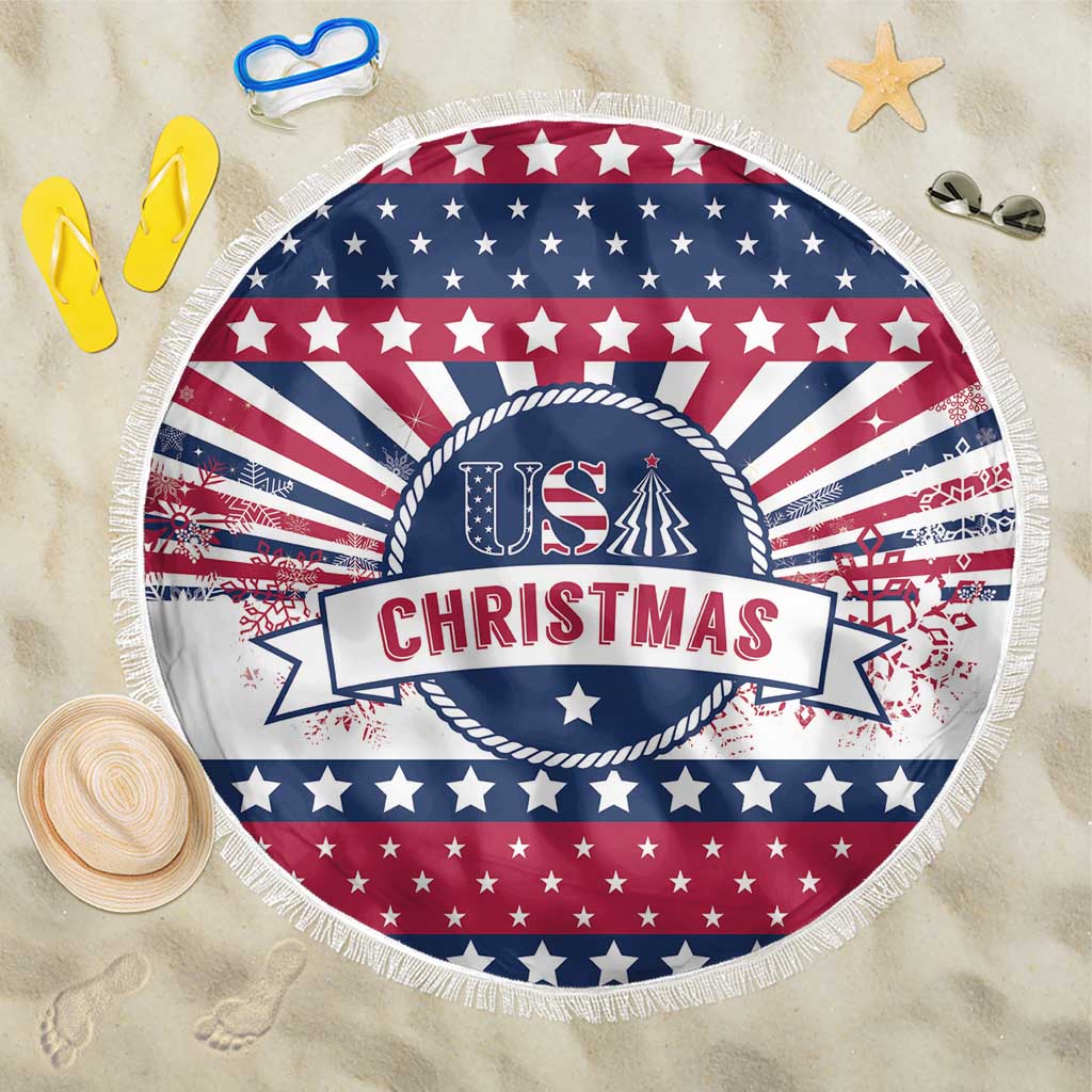 Round beach blanket with USA stars-and-stripes and “US Christmas” banner, fringed edge.