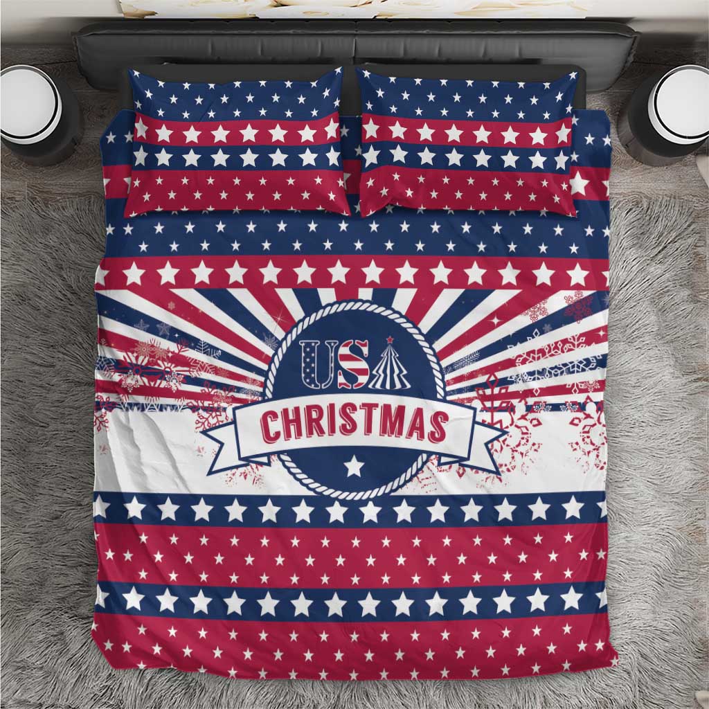 Christmas bedding set with stars, stripes, and round 'USA CHRISTMAS' logo