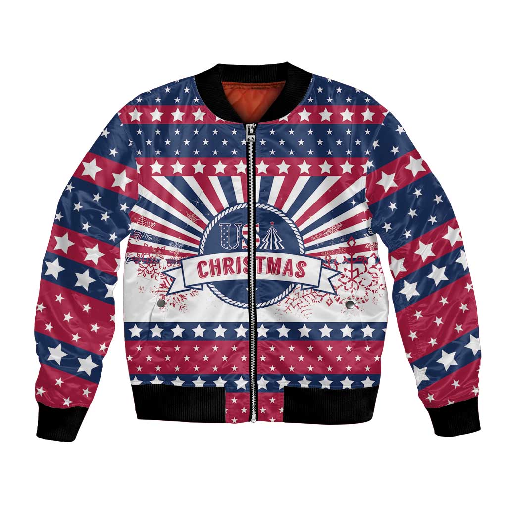 Unisex bomber jacket with zip front, stars and stripes, and Christmas graphic, ribbed cuffs