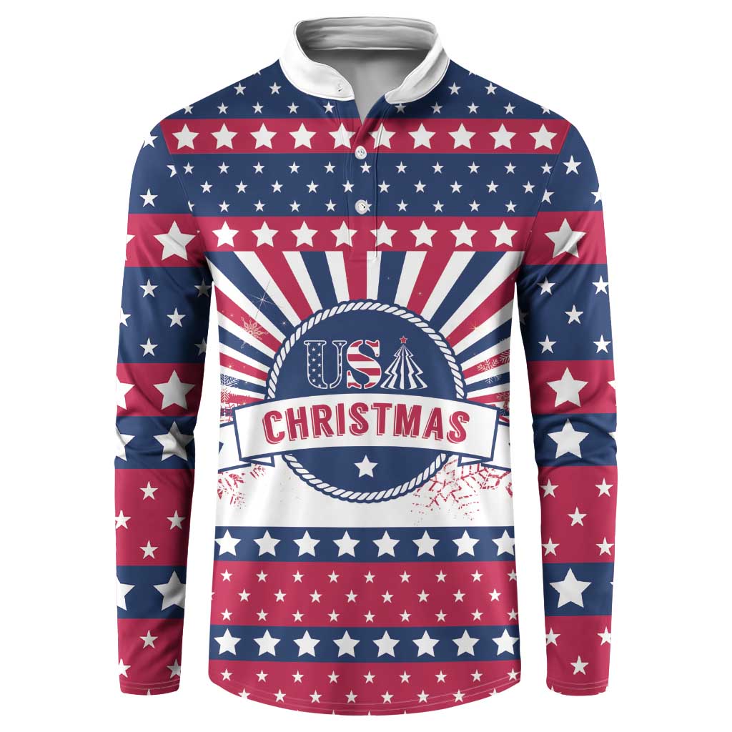 Blue and red star-striped Christmas button sweatshirt, front graphic with USA crest