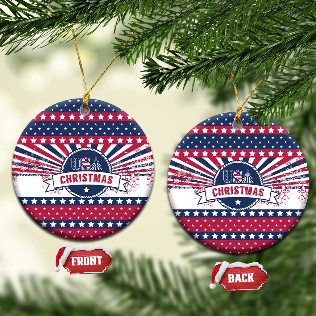 Round ceramic USA Christmas ornament with stars and stripes and “CHRISTMAS” ribbon, front/back shown.