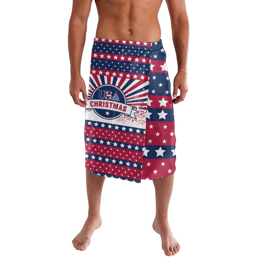 Patriotic Christmas sarong-style shorts with navy, red, and white stars and stripes