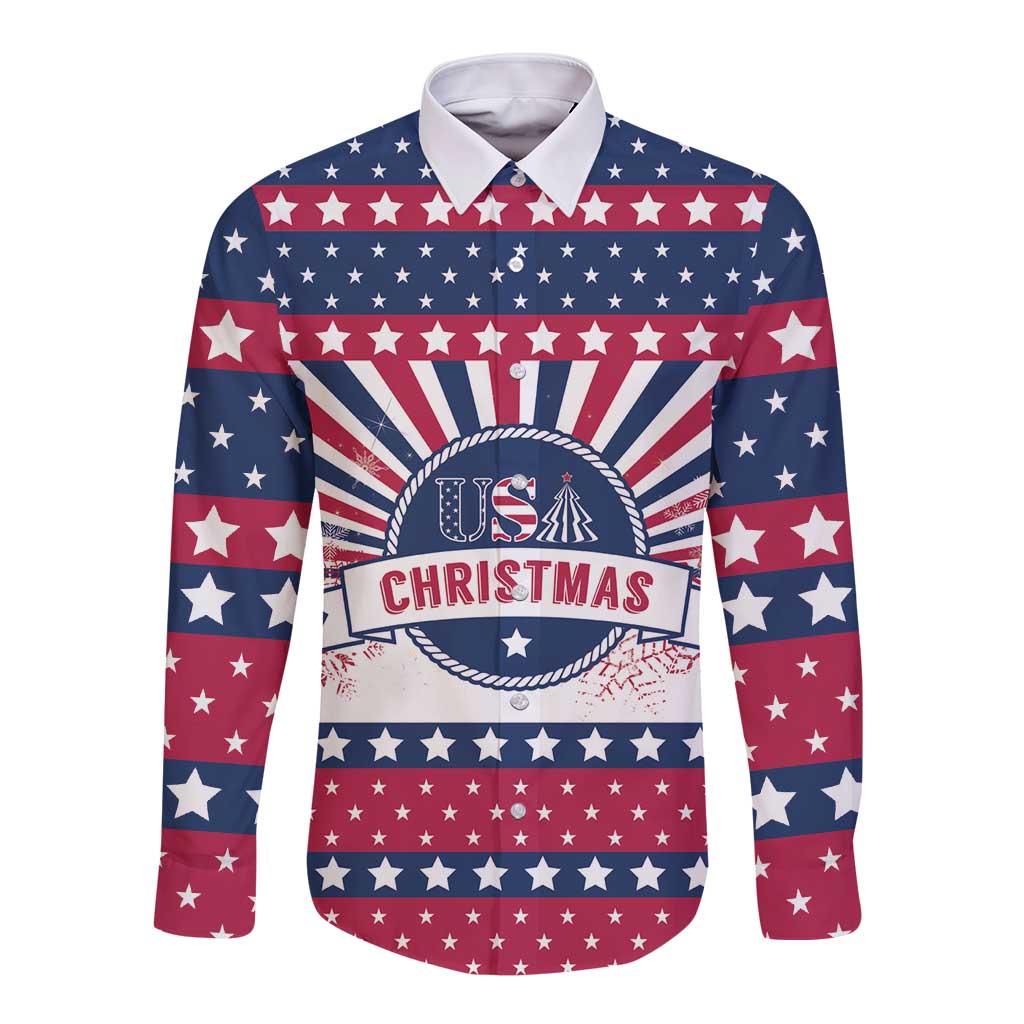 Long-sleeve button shirt front with pointed collar, navy red stars/stripes, 'US Christmas' print