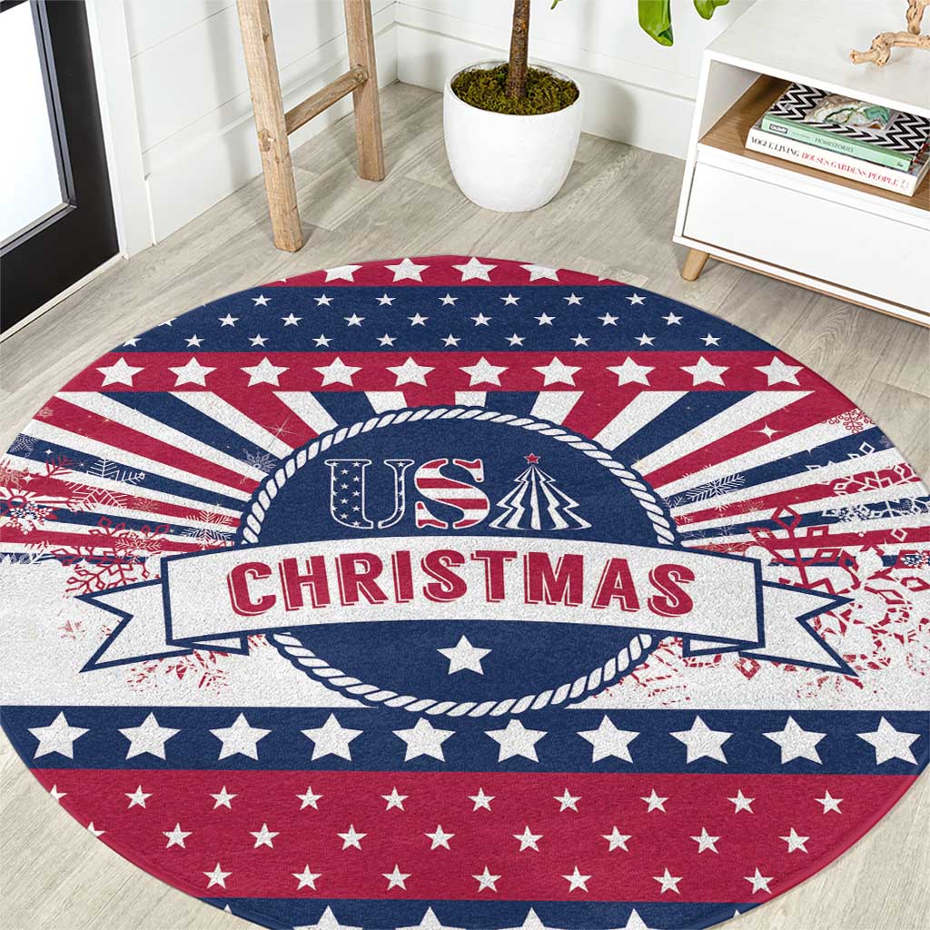 Round patriotic Christmas carpet with 'US CHRISTMAS' banner and star border
