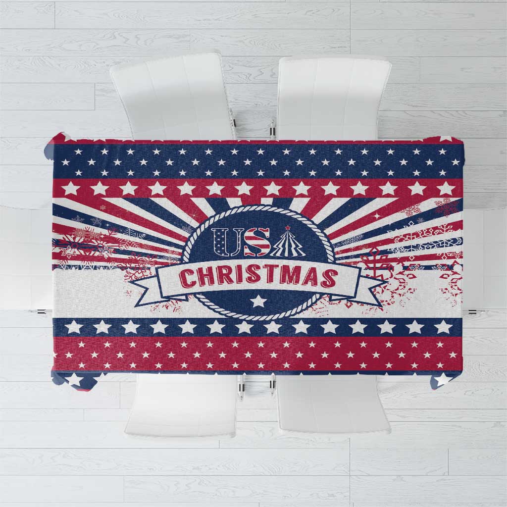 Christmas tablecloth with US stars, stripes, and “US Christmas” graphic in red, blue, white