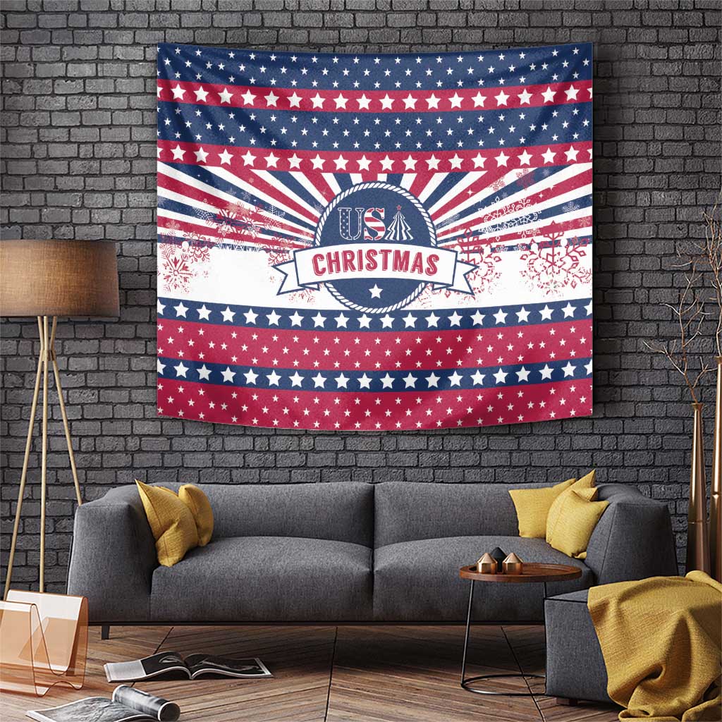 Red, white and blue stars-and-stripes Christmas tapestry with central 'US Christmas' badge