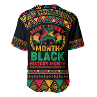 Black baseball jersey with colorful geometric trims, back view and 'Month Black' print