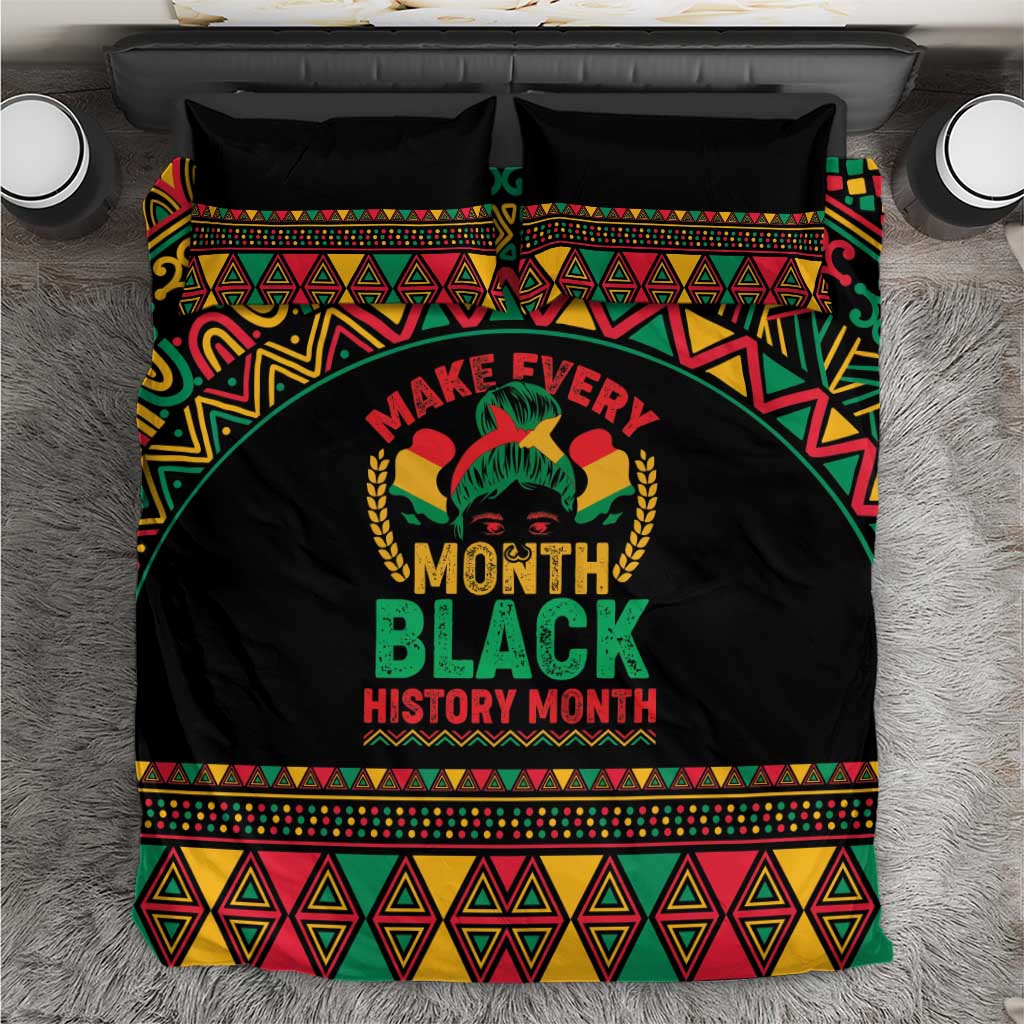 Black bedding set with colorful African geometric borders and “Make Every Month Black History Month” graphic