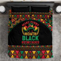 Black bedding set with colorful African geometric borders and “Make Every Month Black History Month” graphic