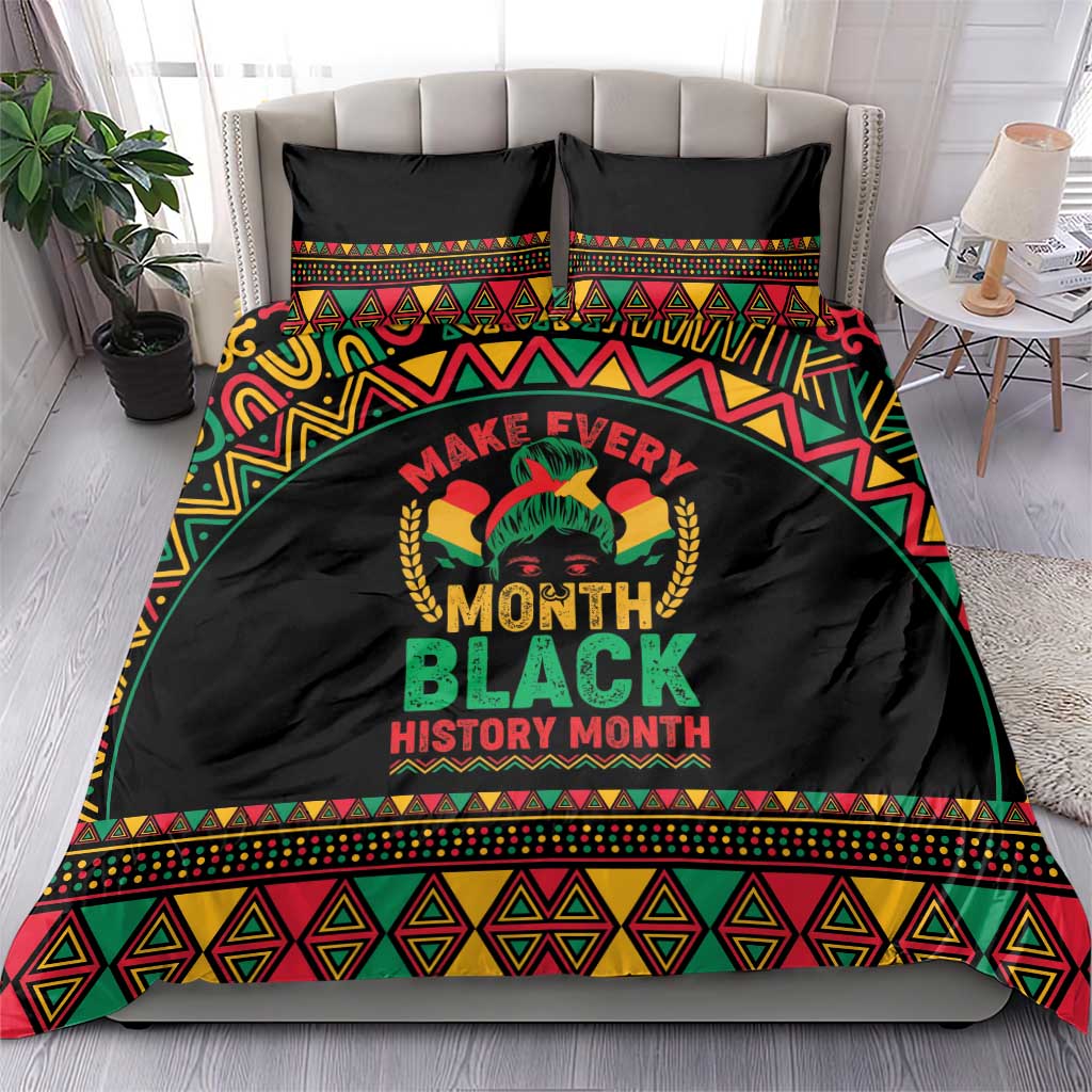 Black bedding set with “Make Every Month Black History Month” central text and colorful trim border
