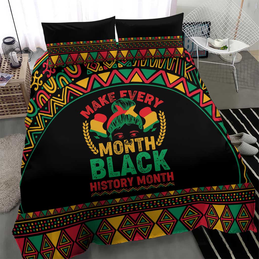 Black bedding set showing “Make Every Month Black History Month” text with colorful patterned bands