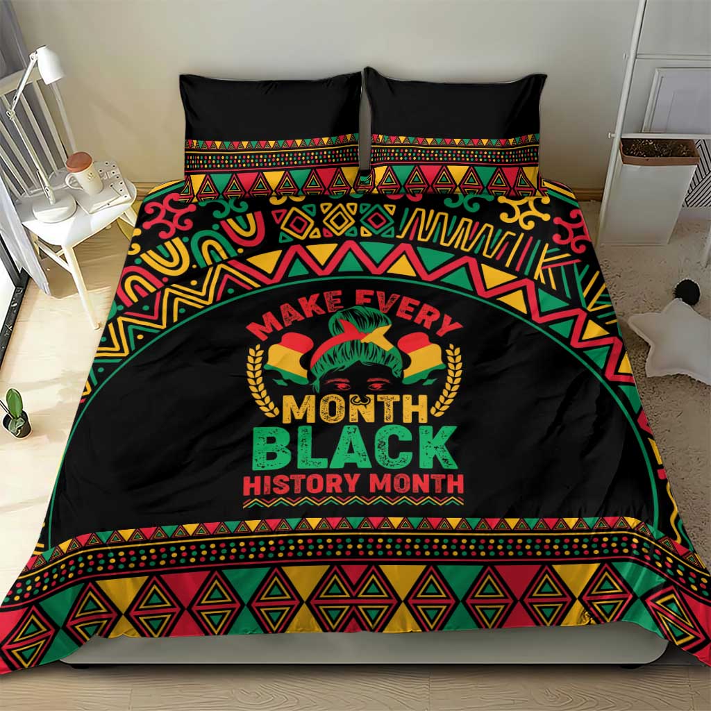 Black bedding set with large “Make Every Month Black History Month” design and multicolor geometric edge